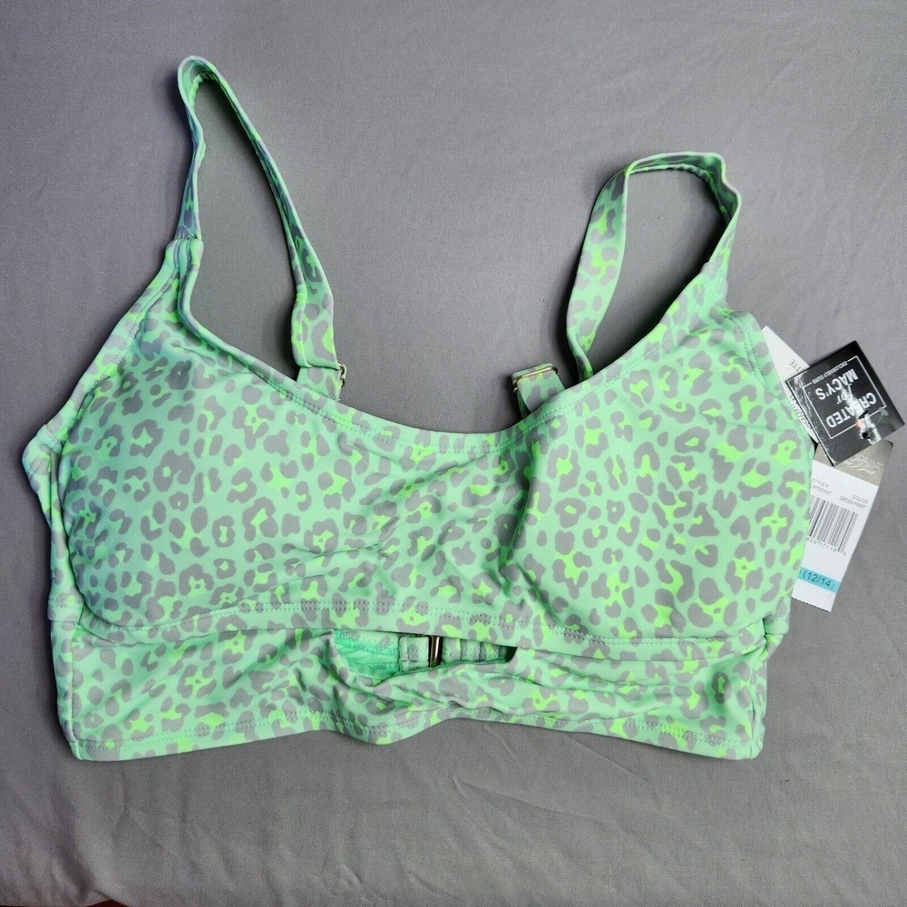 California Waves Cut‎ Out Bralette Green Print Swim Top Leopard Size 12/14 Plus